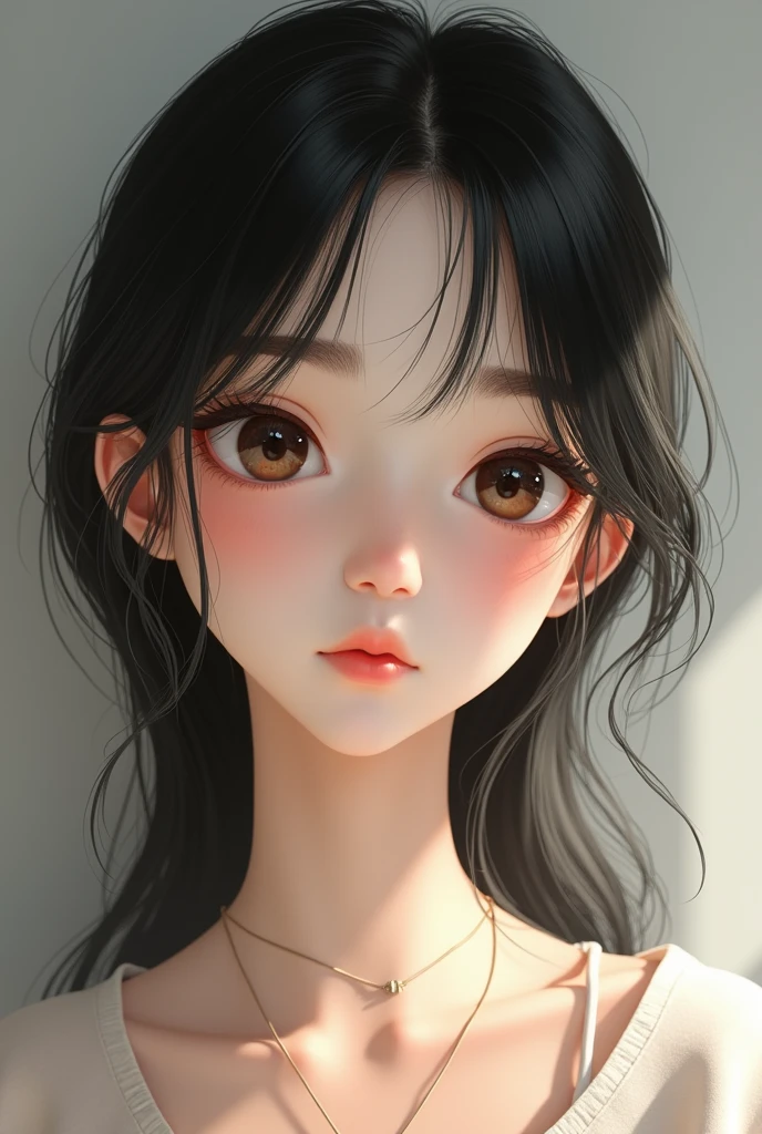 Sweet Face Girl, white, thin eyebrows, Loose straight black hair and straight bangs, Big eyes and small face