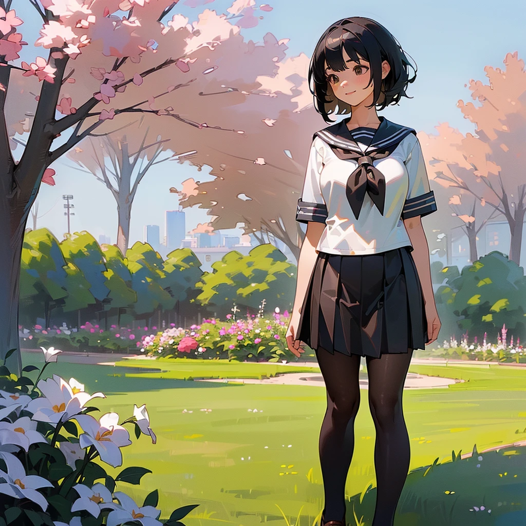 (Highest quality, High resolution, Super detailed, Realistic:1.37), Peaceful atmosphere, (Outdoor, garden),  girl standing alone,(my breasts are big.),Beautifully detailed features, Cute Smile, ((Black bob hair)),Short-sleeved sailor uniform, Pleated skirt,Black tights,Brown leather shoes.