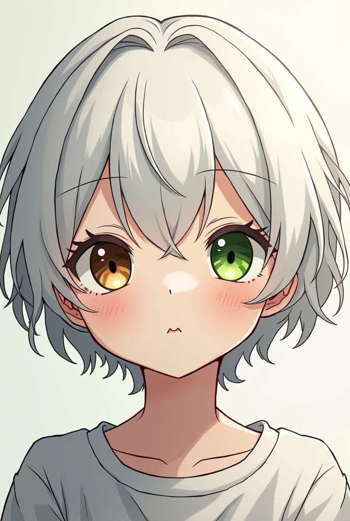 manga girl short curly white hair one green eye one brown eye 