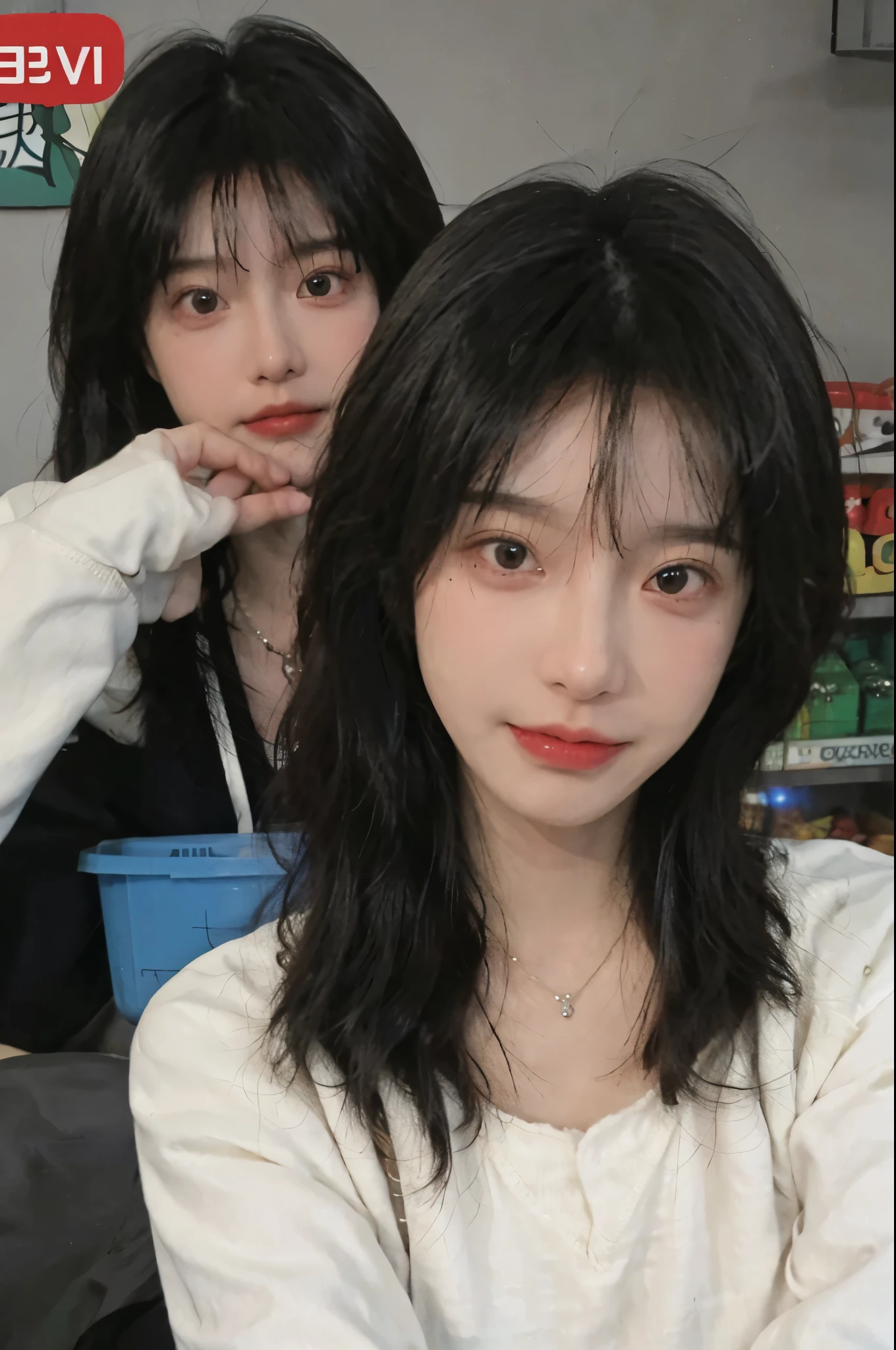 Best quality，Ultra-high resolution,(Realism:1.4)，cute，cute发夹，girll,Cropped black sweater，Look directly at the audience，Full of atmosphere，Beautiful woman with a slim figure:1.4，supermarket，whole body，Super delicate face，Exquisite eyes，Double eyelids，necklace