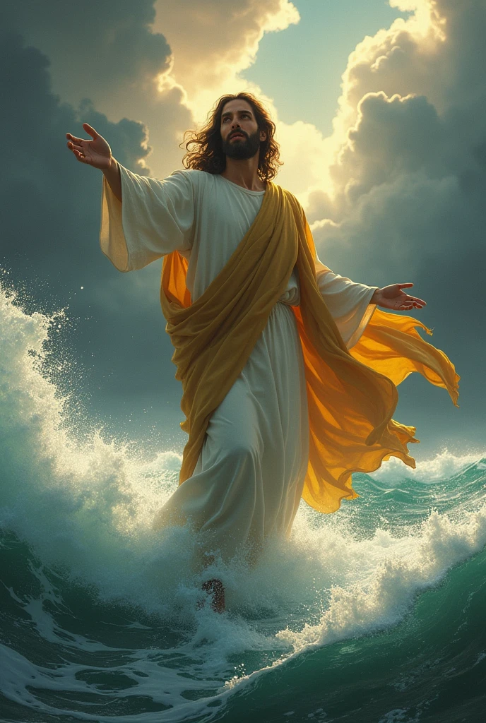 (photorealism:1.2), Jesus Christ, on the waters of the sea, dressed in a cloak, in the middle of a storm, calm, smiling, happy, directing his hand forward, inviting me to take his hand, flat to the knees, realistic, intricate details, warm colors, by Greg Rutkowski, by Alphonse Mucha