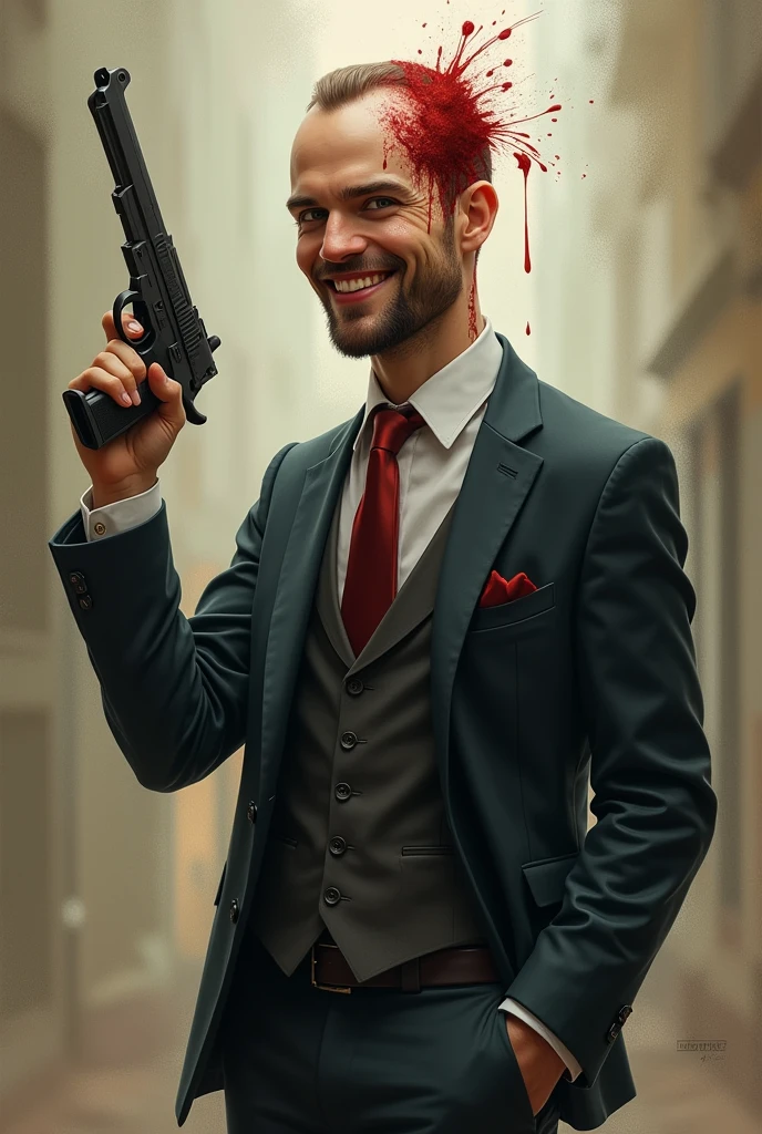 A killer with a bleeding head, holding a gun, less scary, mais bonito, naughty man