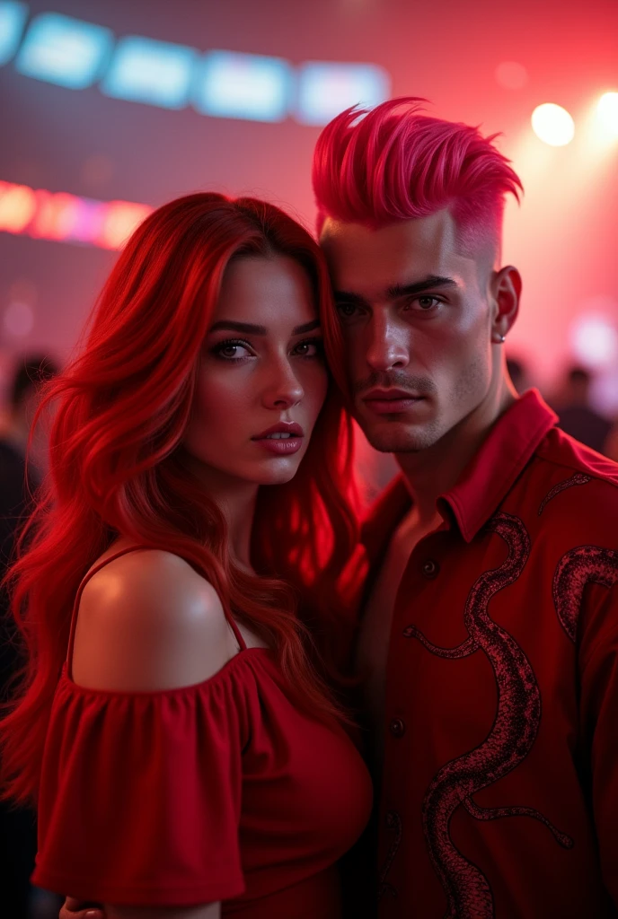 redhead woman with her strong boyfriend with pink hair parted in the middle,in a concert stadium with red lights and red dress and he in a red blouse with snake print,the night