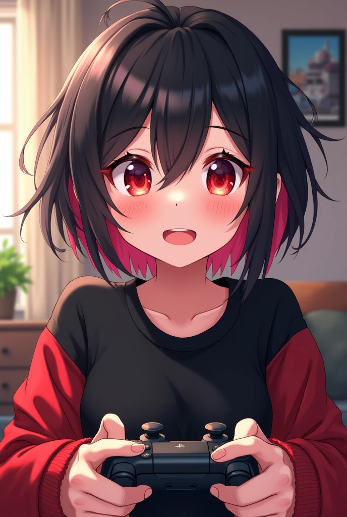 Light skin anime girl, crimson red eyes, messy black and red hair, with a black and red sweatshirt, playing play Station, happy