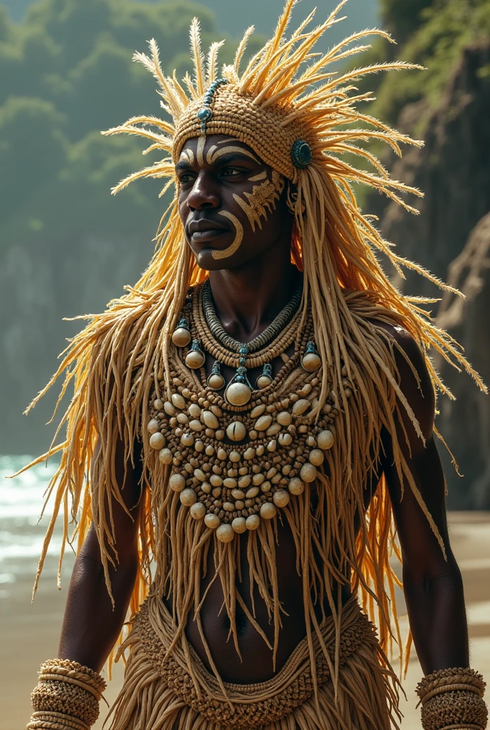 Male Orixa Obaluaê covered in straw from the coast and cowries on his body and his face in his hand carries his xaxara