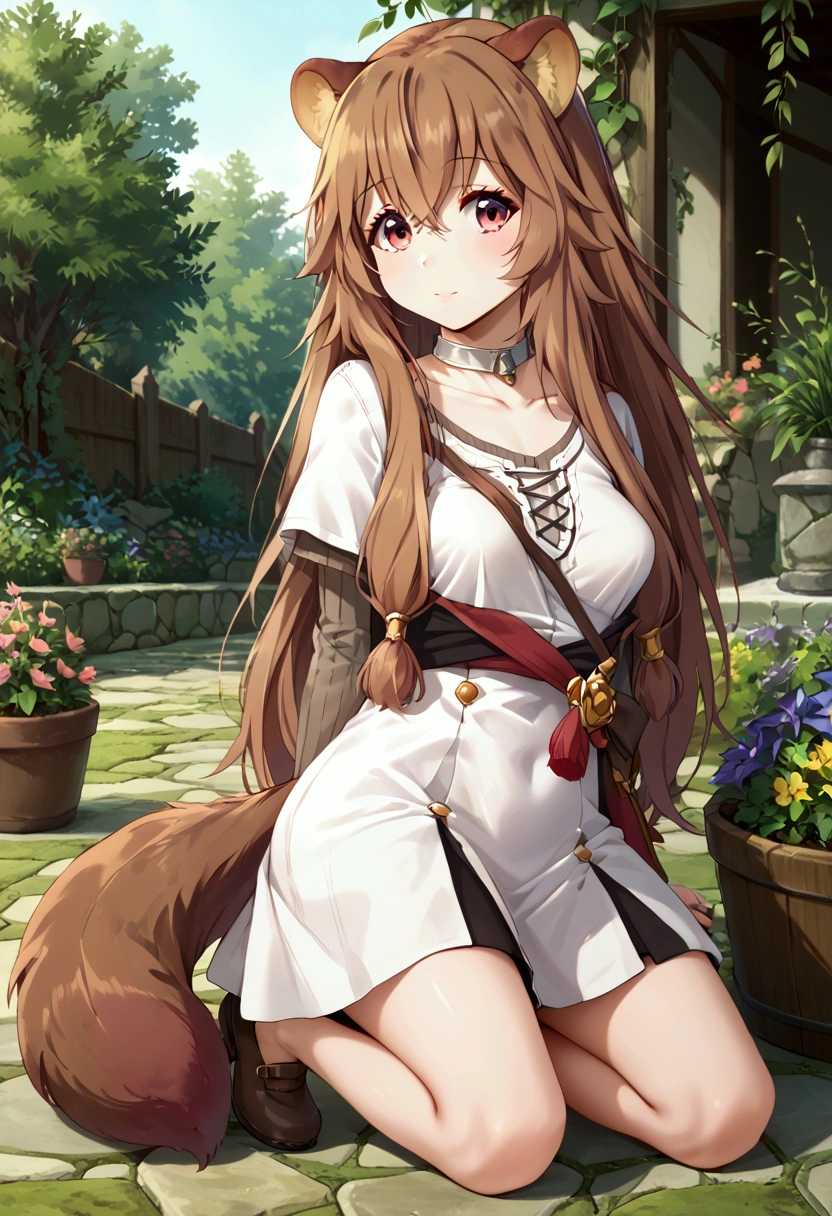  score_9,score_8,  (((perfect face))), (medium breasts), focus breasts, full body view, {looking at viewer},(brown hair), (bangs), (long hair), (animal ears), (raccoon ears), (raccoon girl), (raccoon tail), 1girl, raphtalia, (pink eyes), (detailed eyes), (perfect Eyes), garden, outdoors, white choker, white dress, short sleeves