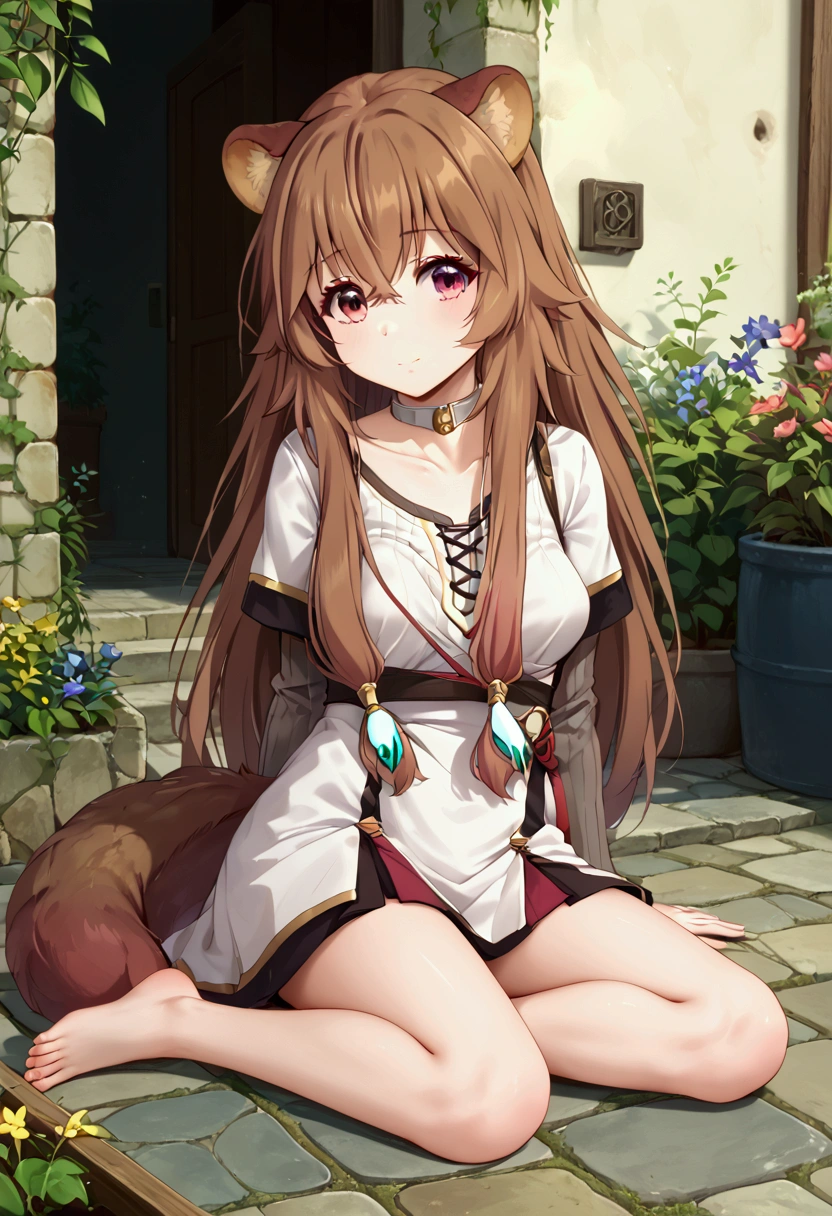  score_9,score_8,  (((perfect face))), (medium breasts), focus breasts, full body view, {looking at viewer},(brown hair), (bangs), (long hair), (animal ears), (raccoon ears), (raccoon girl), (raccoon tail), 1girl, raphtalia, (pink eyes), (detailed eyes), (perfect Eyes), garden, outdoors, white choker, white dress, short sleeves