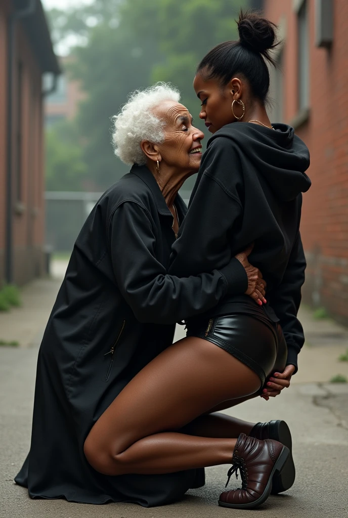 black woman hair in a bun black hoodie black leather short shorts a old grandma in a dress on her knees kissing her behind her squeezing her but