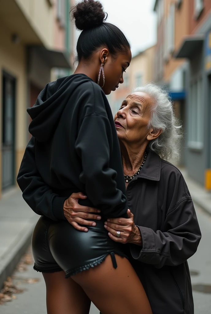 black woman hair in a bun black hoodie   black leather short shorts   a old grandma in a dress on her knees kissing her ass behind her squeezing her butt
