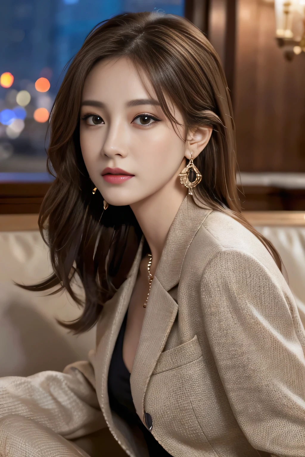 masterpiece, Highest quality, Realistic, Very detailed, Finer details, High resolution, 8k wallpaper, One beautiful woman, Wear a nice suit, In a great restaurant, At night, Light brown messy hair, Perfect dynamic composition, Beautiful and beautiful eyes、Big earrings、Sit on the sofa