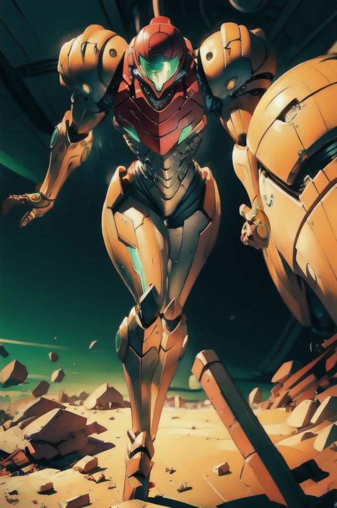 Samus Aran, blonde girl, ponytail, armor, metroid, mechanical detail, joints,  thick armor, varia suit, perfect face, ultra detailed face, perfect body, beautiful eyes, pretty face, (bright skin:1.4), metalli texture,, high definition, best quality, highres, ultra-detailed, ultra-fine painting, extremely detailed, perfect body proportions, alien planet, night, starry night, two moons, outdoors,