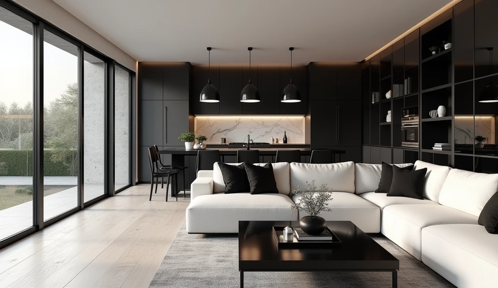 Create a realistic render of a modern, open-concept living and dining area with a minimalist design. The space features floor-to-ceiling windows on one side, allowing plenty of natural light to flood the room. The main living area includes a large, off-white sectional sofa adorned with black and white accent pillows. A sleek black coffee table sits in front of the sofa, decorated with a few minimalist accessories.
The dining area is seamlessly integrated into the open space, with a black dining table surrounded by black chairs with simple, modern designs. Above the dining table, two black pendant lights with warm inner tones provide ambient lighting, enhancing the room's cozy yet sophisticated atmosphere.
The kitchen, located behind the dining area, features dark cabinetry with a marble backsplash, combining elegance and practicality. Open shelving and subtle under-cabinet lighting add depth and functionality to the kitchen space. A wall of black-framed glass cabinets on the right side adds storage and visual interest, maintaining the minimalist aesthetic.
The flooring throughout the space is a light wood, which contrasts beautifully with the darker furniture and fixtures. The overall color palette is neutral, with a focus on black, white, and grey tones, creating a sleek and modern atmosphere that exudes both comfort and style.