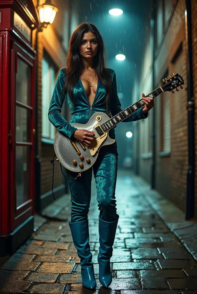 The year is 1973 in London. A beautiful and glamorous 3 white woman who is a glam rock musician is standing in a corner of a street lined with old brick apartments in a back alley of London at midnight, in the rain, holding a vintage silver lamé color Les Paul. She is wearing a turquoise blue geometric patterned velvet tight zip-up jumpsuit, unzipped up to her belly button, showing off her naked body, and Plain enamel turquoise blue hi-heel London long boots. The photo was taken in a long shot, giving a view of the entire rain-soaked cobblestone back alley. It was an artistic photo lit by a single gas lamp, like the cover of David Bowie's Ziggy Stardust.Full body image from head to toe wide shot,she has a dark brunette One-length Perfectly straight very long hair,Very large, pendulous breasts、Perfect nude proportions of a glamorous mature woman、super realistic mature's body and skin,very huge sagging Breasts,super big cleavage,very glamorous sexy plump figure,Mysterious and sexy photos taken by a professional photographer with long shots, stunning angles and lighting.、Long False Eyelashes、Female glam rocker's 1970s flashy makeup、Super Beauty、A flashy silver Les Paul guitar lavishly decorated with glitter and Swarovski crystals.、Pitch black sky、A pile of cardboard boxes and garbage bags discarded on the side of the road、Old wooden glass door red telephone booth in the distance、very dark ski