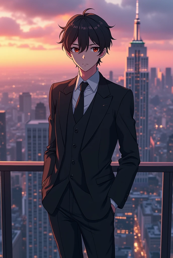 Anime boy dressed elegantly standing on top of a building