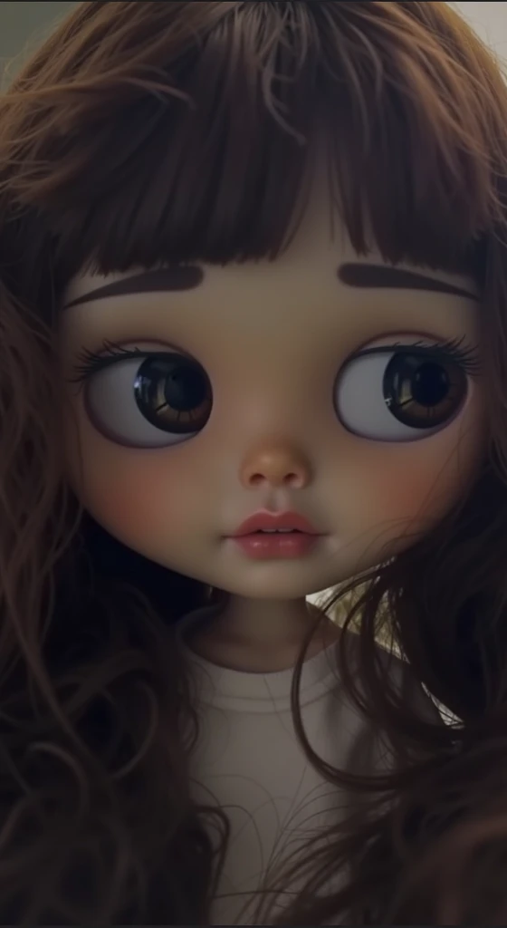 Blythe doll medium dark brown hair, dark brown eyes, big eyelashes, medium pink lips, red cheeks, normal nose, black clothes