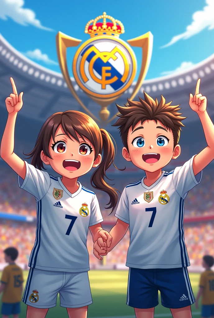 A picture with the Real Madrid shirt in the stadium with the Champions Cup A girl and a boy Called Yoni and Irel with the number 7 on their backs anime version