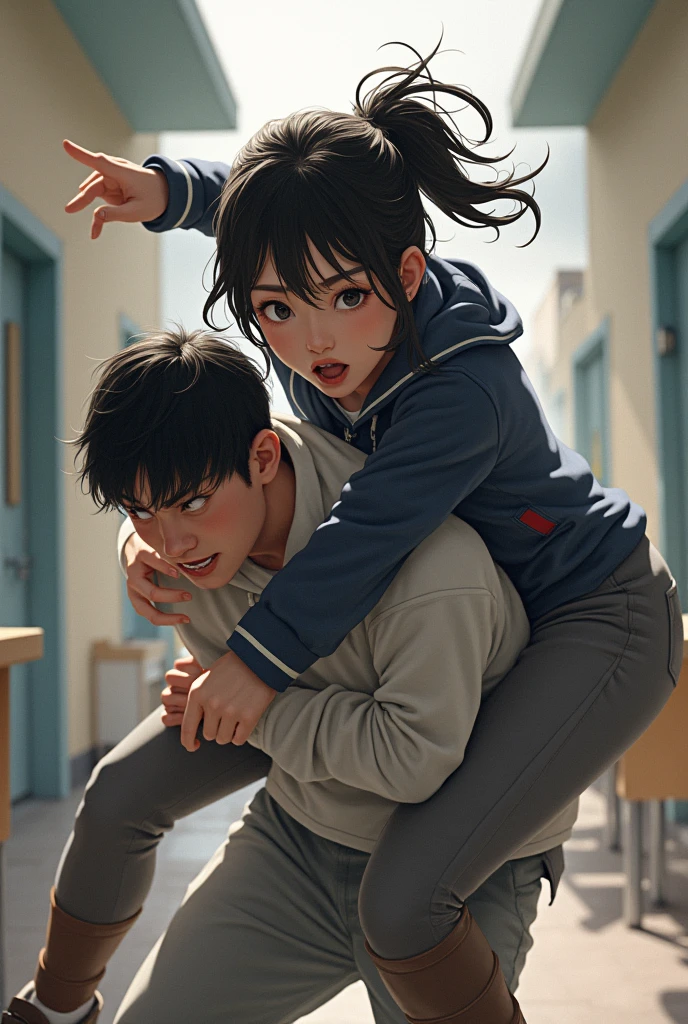 A Korean girl wearing gray leggings and fighting while sitting on top of a classmate at school