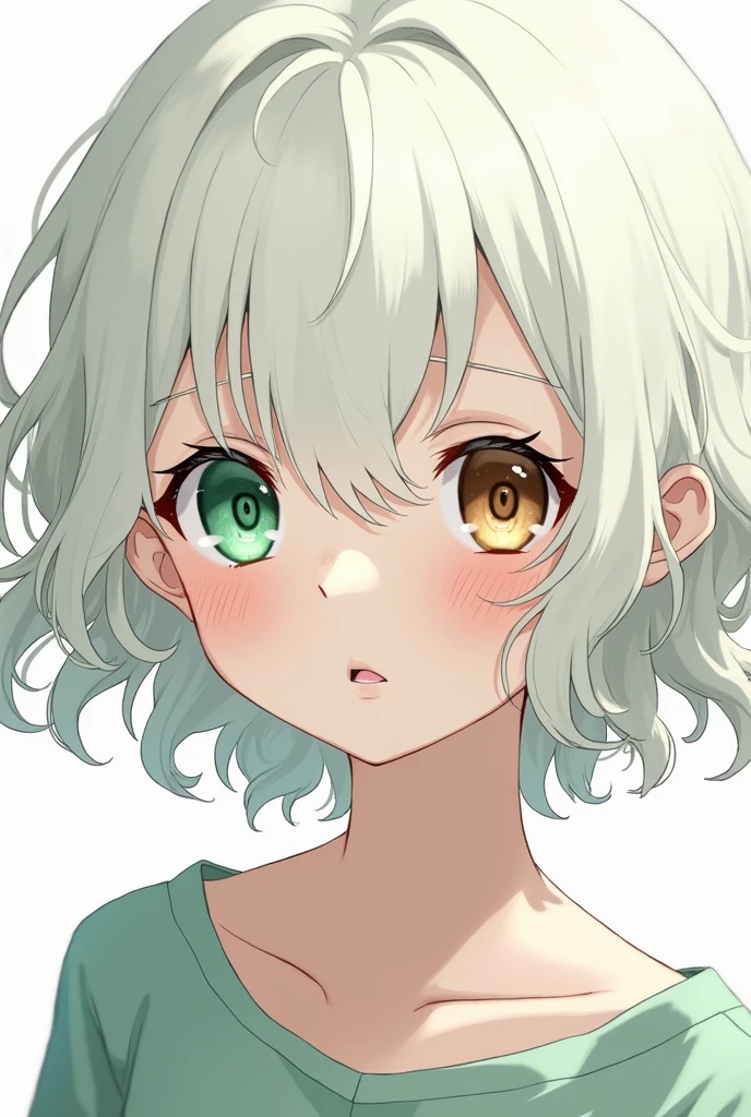 manga girl short curly white hair one green eye one brown eye