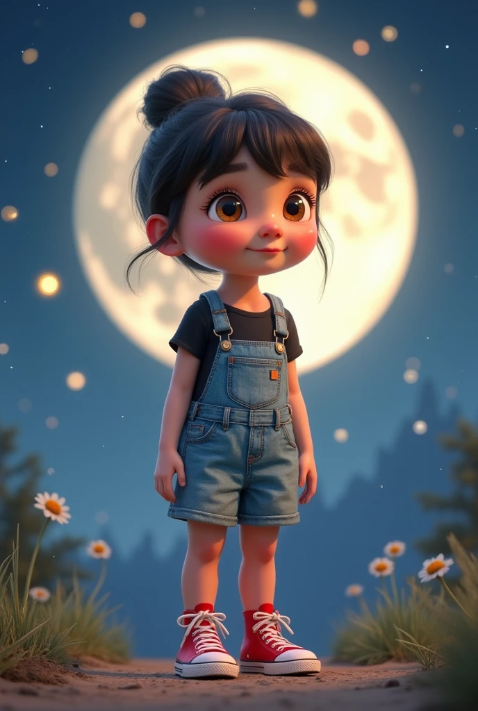 A girl, stocky build with wide legs, small ears light complexion, Wide nose, big brown eyes, Her hair is in a bun and with curtain bangs. He wears a black t-shirt, a light blue denim overall, red converse high tops. In the background the full moon on a starry night, Disney Pixar movie style digital art 