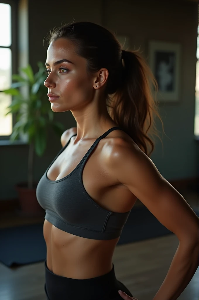 In a quiet gym environment, a brazilian woman doing yoga, wearing a revealing yoga outfit, with a close-up focused on the shape of her breasts and her concentration on the yoga poses, highlighting your inner peace and external beauty.