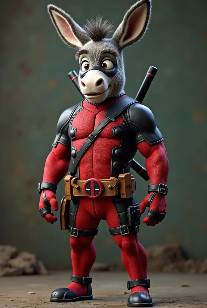 (photorealism:1.2), burro de Shrek, ropa Deadpool.