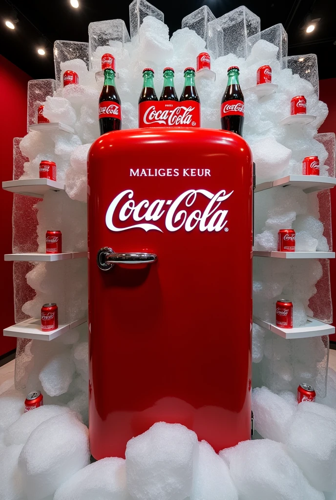 Create a super refreshing Coca Cola store display with an old refrigerator or an igloo, lots of ice and Coca Cola