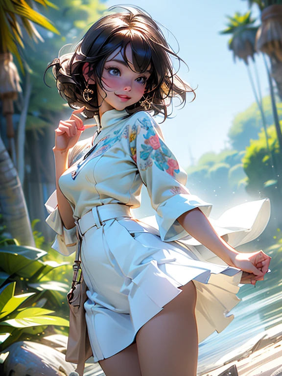 (8k, highest quality, masterpiece: 1.2), ultra detail, highest quality, ultra high resolution, professional lighting, photon mapping, radiosity, physically based rendering, cinematic lighting, depth of field, focusing, sun rays, good composition, (bokeh: 1.2), 1 girl, (full body), smile, beautiful eyes, pose, constriction, brown hair, short hair, prairie blouse light blue, skirt, cute white panty,park,hand {fingers} Kawaii {finger} hand,