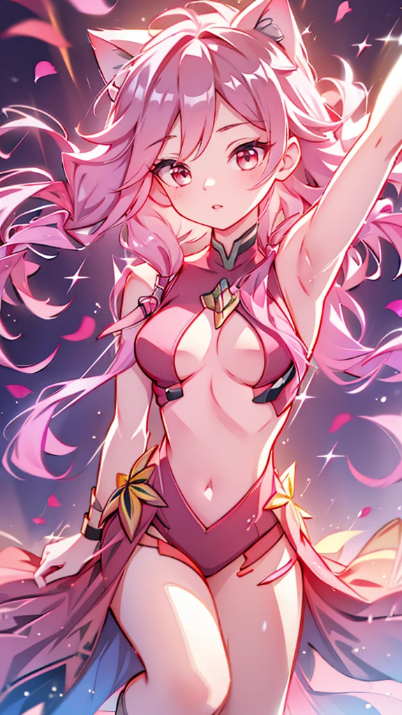 good quality shining golden and red eye1 girl , long pink hair, she wears , very long hair, bright pink hair. catgirl,uniform