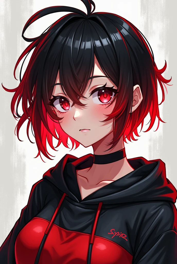 Light skin anime girl, crimson red eyes, messy black and red hair, with a black and red sweatshirt, drawing anime