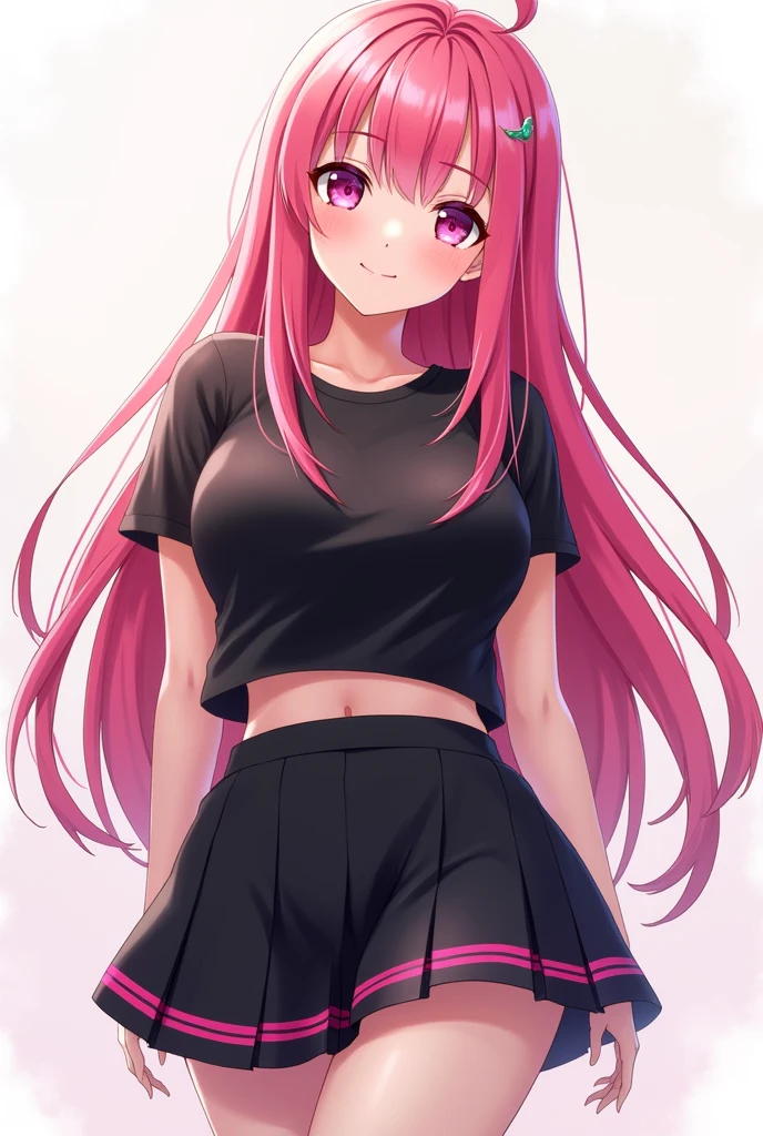 Anime style girl Hair: long pink eyes: pink eyes Figure: curvy and very attractive Clothes and : a casual outfit that is a black skirt with pink stripes and a black shirt where her body is noticeable