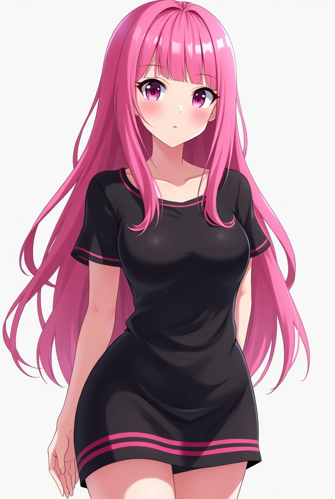 Anime style girl Hair: long pink eyes: pink eyes Figure: curvy and very attractive Clothes and : a casual outfit that is a black skirt with pink stripes and a black shirt where her body is noticeable