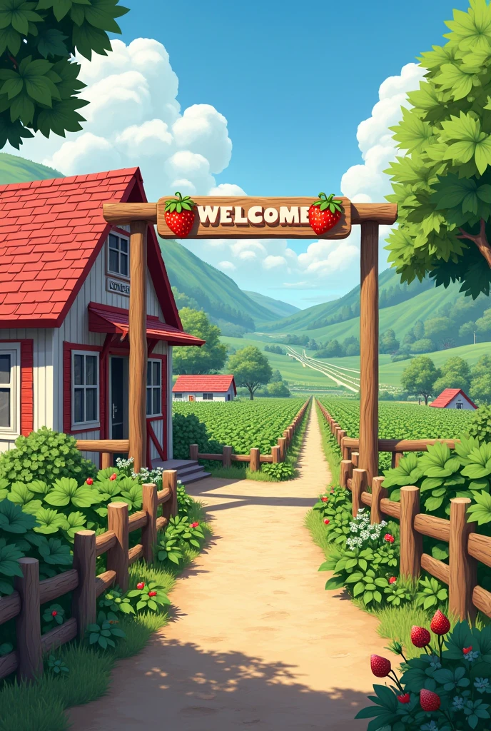charming and inviting exterior, which gives off a rustic and countryside vibe. The entrance often features a welcoming sign, possibly adorned with images of strawberries, to catch the attention of visitors. The farm is typically surrounded by lush greenery, including rows of strawberry plants that stretch out across the fields, with bright red strawberries peeking through the green leaves.
There might be wooden fences or simple pathways lined with flowers and shrubs, adding to the farm's natural and serene atmosphere. The buildings, such as the main reception area or farm store, are likely designed with a simple, rustic aesthetic, using materials like wood and stone, with red and white paint to match the strawberry theme. The overall setting is peaceful and picturesque, making it an ideal spot for visitors looking to enjoy nature and the fresh air.
