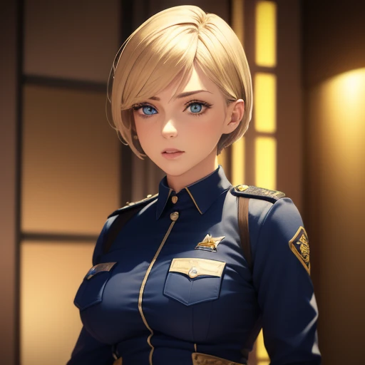 a beautiful police girl, short blond hair, detailed facial features, piercing blue eyes, full lips, feminine physique, confident posture, law enforcement uniform, tactical gear, city street background, cinematic lighting, dramatic shadows, muted color palette, photorealistic, (best quality, 4k, 8k, highres, masterpiece:1.2), ultra-detailed, (realistic, photorealistic, photo-realistic:1.37), HDR, vibrant colors, dramatic lighting