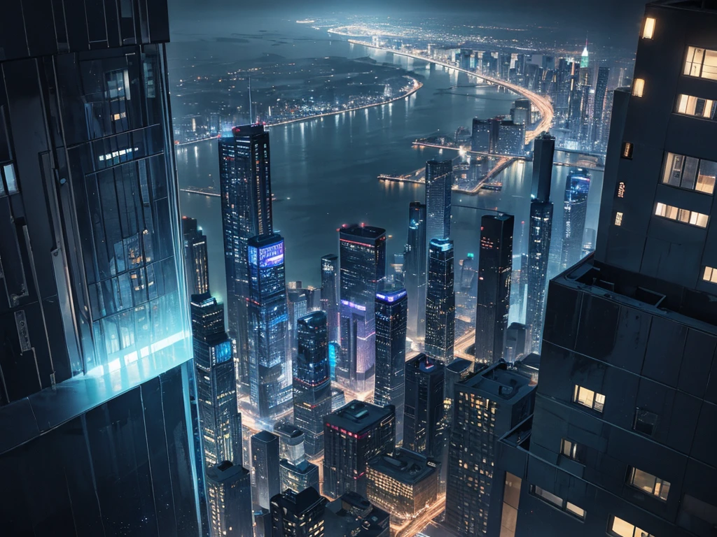 dark city, dark night, building lights, fourth wall looking down on the city, dark sky, super blue shooting stars