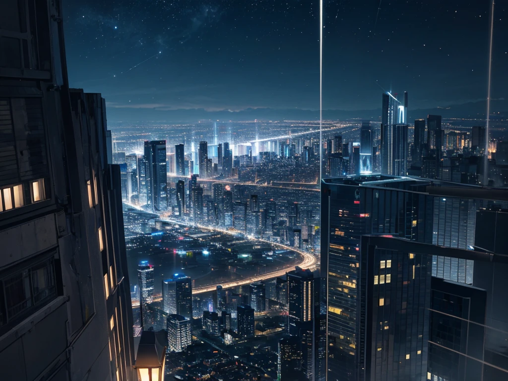 dark city, dark night, building lights, fourth wall looking down on the city, dark sky, super blue shooting stars