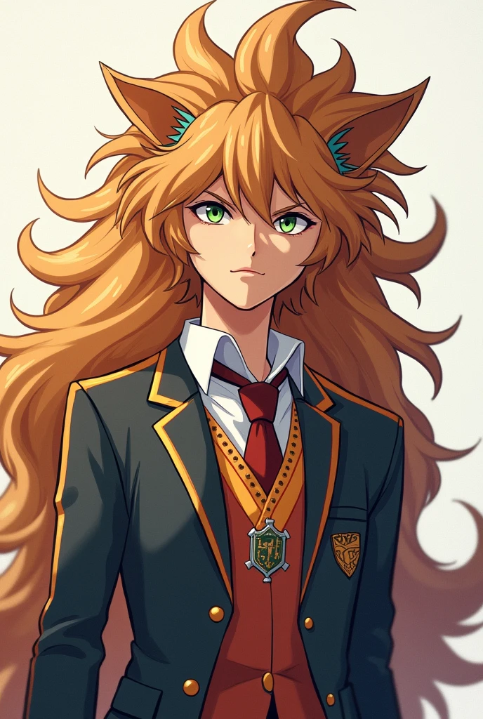 Man with lion mane in anime style student outfit