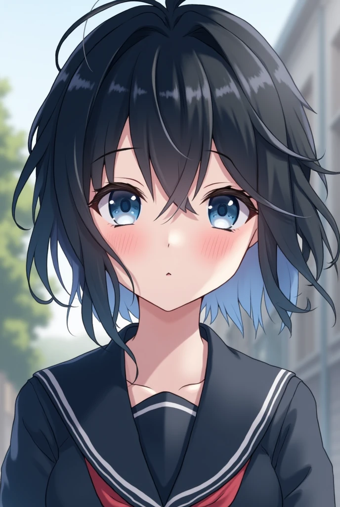 A femboy with a cute face,Black hair with white streaks, a little messy and short, and deep blue eyes, Wearing a Japan school uniform,blush 