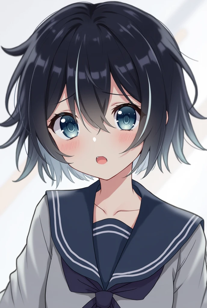 A femboy with a cute face,Black hair with white streaks, a little messy and short, and deep blue eyes, Wearing a Japan school uniform,blush 