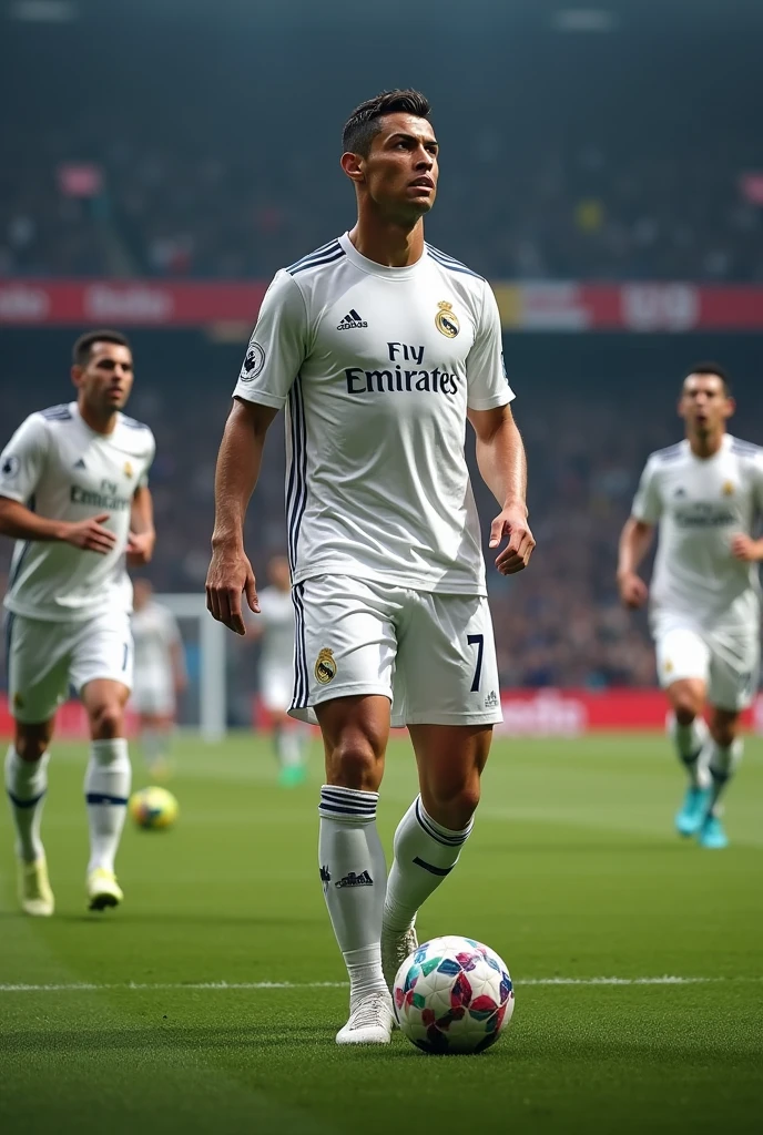 Cristiano Ronaldo with a Real Madrid jersey, who wears the number 7, and bapped me,vini jr,bellingham;