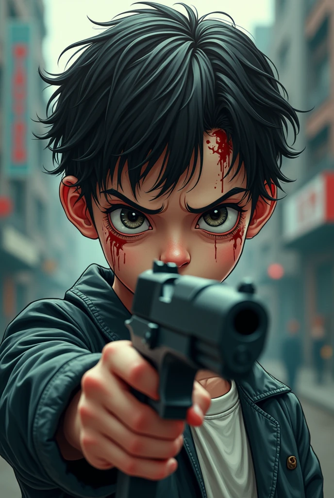 A male killer, with a bleeding head, pointing a gun forward, Cute and not scary 