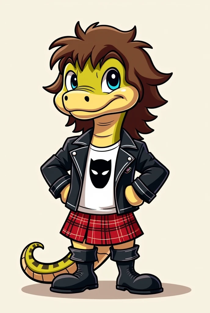 cartoon python dressed like WWE wrestler rowdy Roddy Piper. Wearing white T-shirt with black panther. Wearing black motorcycle jacket. Plaid red kilt. Brown hair