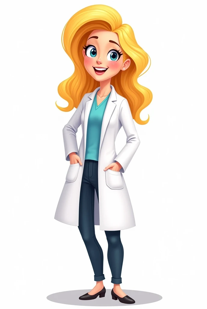 Blonde woman in psychologist's lab coat standing full body cartoon drawing white background