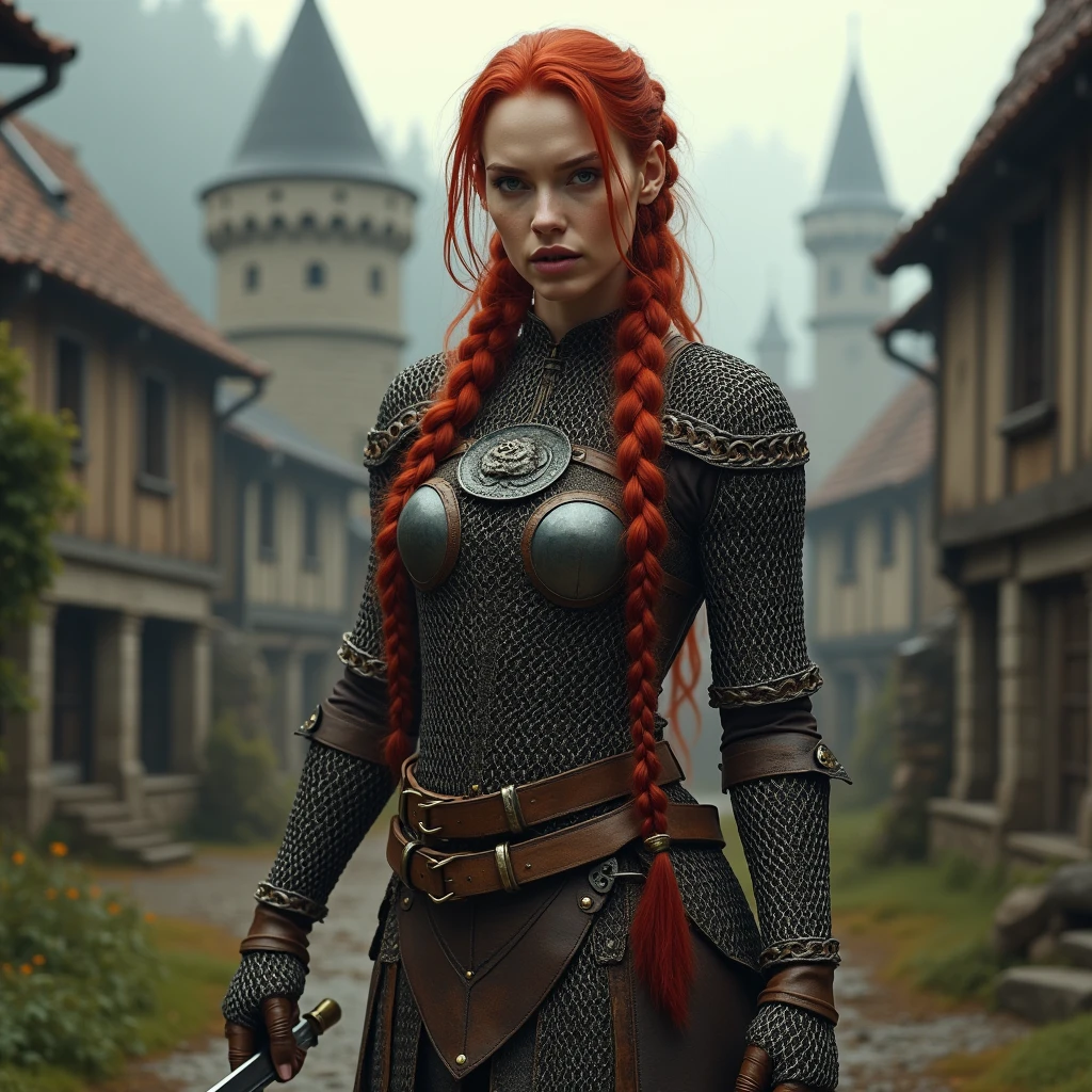 (realisitic, ultra quality, fot) 1woman, pele caucasiana, red hair in a braid, fine nose, thin face, thick lips, as if screaming, medium breasts, lightbrown eyes, Waist slender, legs thick. (dressed in the clothes of a medieval warrior, Chain mail, holding a small sword in his right hand, with a backdrop of a medieval village and a castle in the background. High quality and realistic photographic image