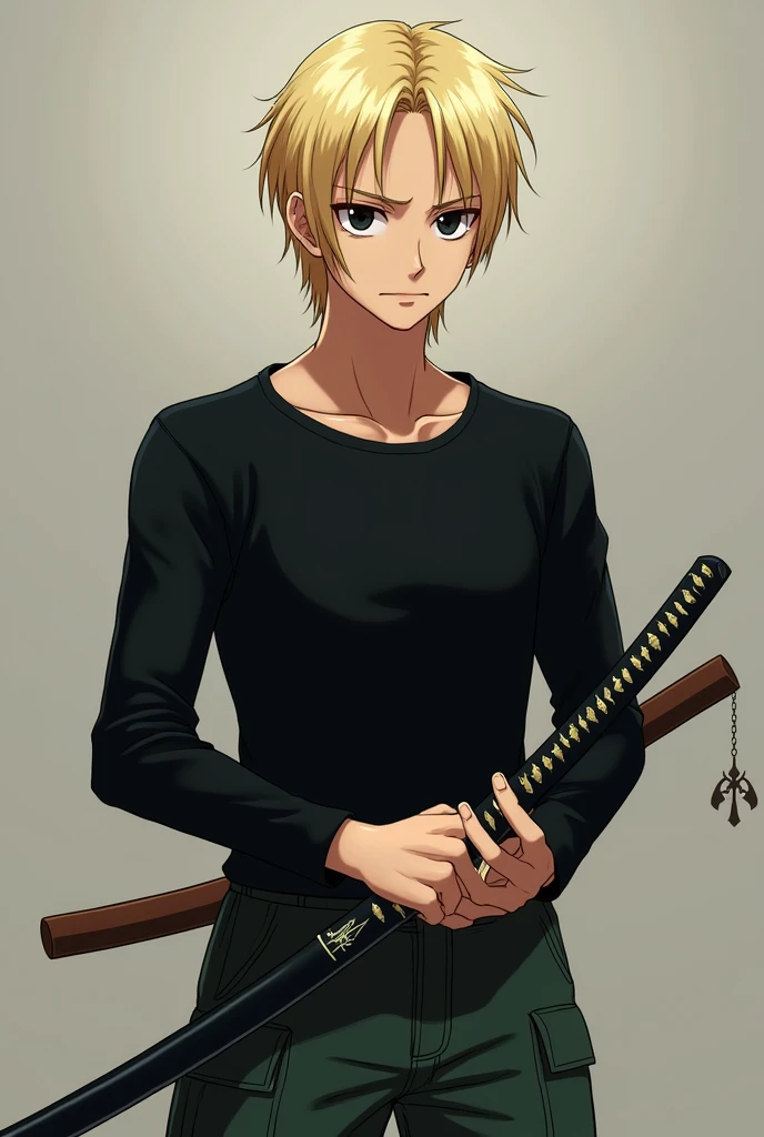 A One Piece character with blonde hair, blonde eyelashes too and black eye color and little tired, half serious and calm look, black long-sleeved blouse and dark green cargo pants. Wearing a katana in his hands with star decorations