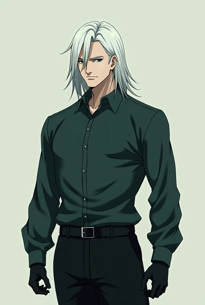 anime style, is an android, disguised as a human that no one recognizes, His gaze is cold without any feelings, black hair and black eyes, 3 man but with a well-groomed appearance, He has a bit of muscles and shoulder-length white hair., He is wearing a dark green long-sleeved shirt and black dress pants and is very handsome., You can't see his costume