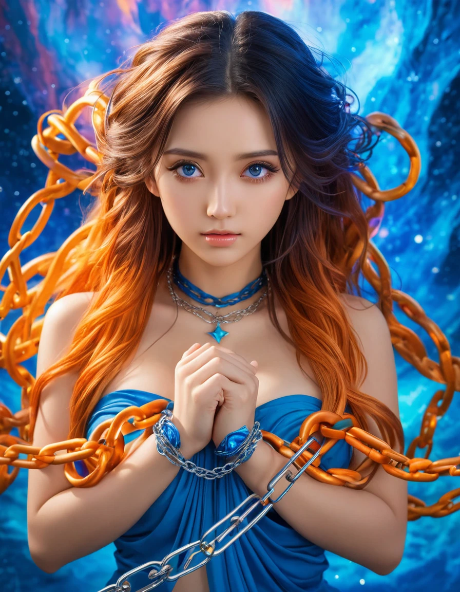In a majestic 8K masterpiece, a breathtakingly beautiful face with piercing eyes and luscious locks gazes up at the swirling, colorful waters. Chains entwined around her delicate wrists seem to shimmer in harmony with the mesmerizing nebula above, its bright orange and blue hues dancing across the surface of the liquid. The studio lighting is expertly calibrated to accentuate every detail, from the gentle curves of her features to the intricate textures of the chains. In this anime-style fantasy scene, magic seems to seep from every pore, as if the very essence of the universe has been distilled into this single, sublime moment, ImgFixerPre0.3