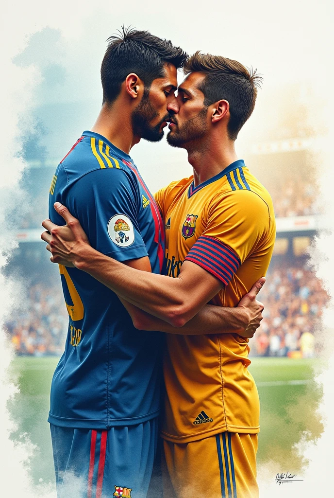 Cristiano Ronaldo hugging Lionel Messi , watercolor colors 4k