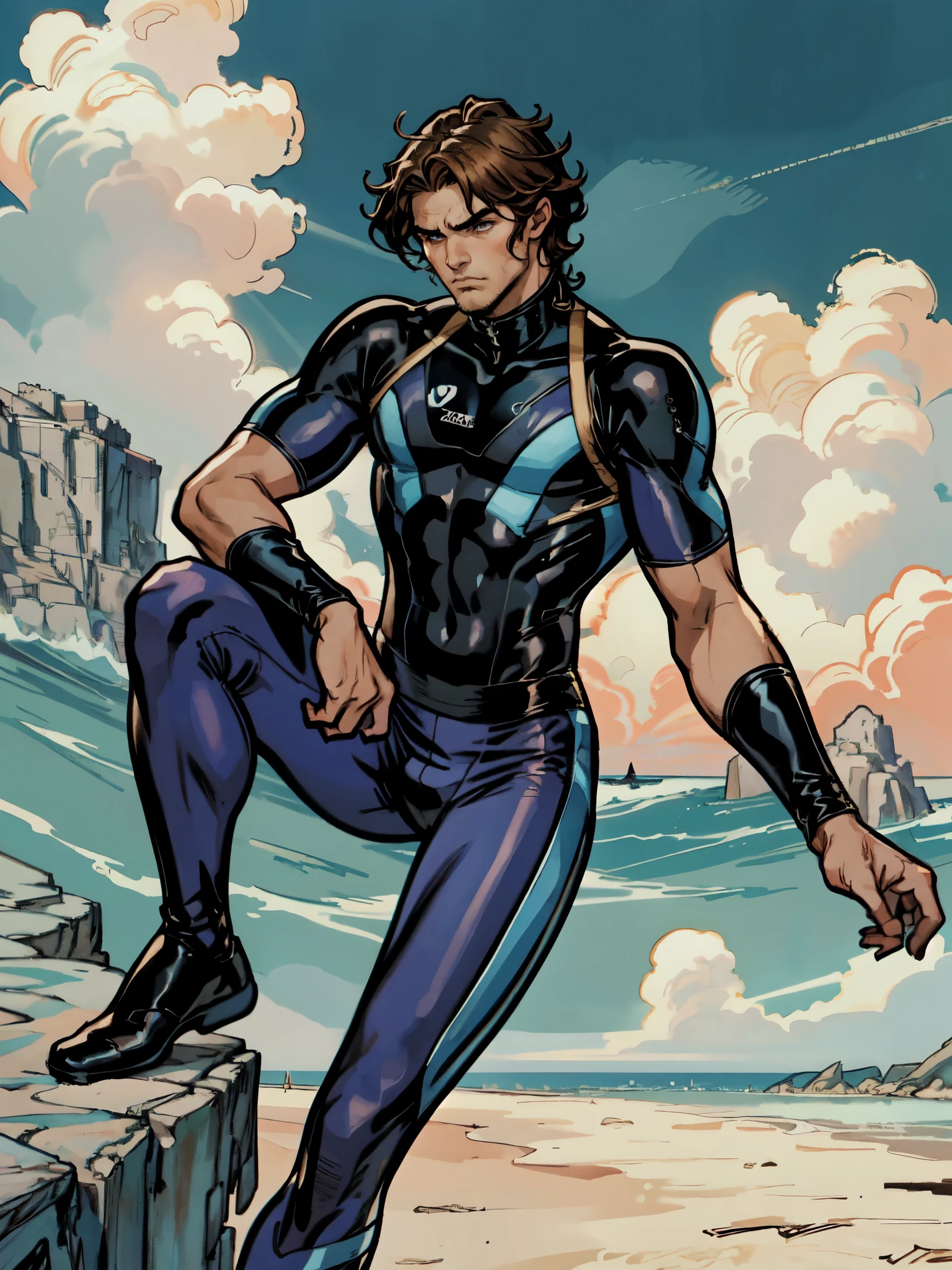 (masterpiece:1.2, best quality:1.2, extremely delicate:1.2), ((male:1.5)), a mature man with short slightly curly brown hair, a well-defined face, intense eyes, a thoughtful expression, brown skin, tall and athletic build, a futuristic fantasy-style blue and black short-sleeved tight-fitting wetsuit, matching trousers, wrist guards, he sits leisurely on a seaside rock, this character embodies a finely crafted futuristic fantasy-style swimmer in anime style, exquisite and mature manga art style, dramatic, high definition, highres, ultra-detailed, ultra-fine painting, professional, perfect body proportions, golden ratio, anatomically correct, symmetrical face, extremely detailed eyes and face, high quality eyes, creativity, RAW photo, UHD, 32k, Natural light, cinematic lighting, (masterpiece-anatomy-perfect:1.2)