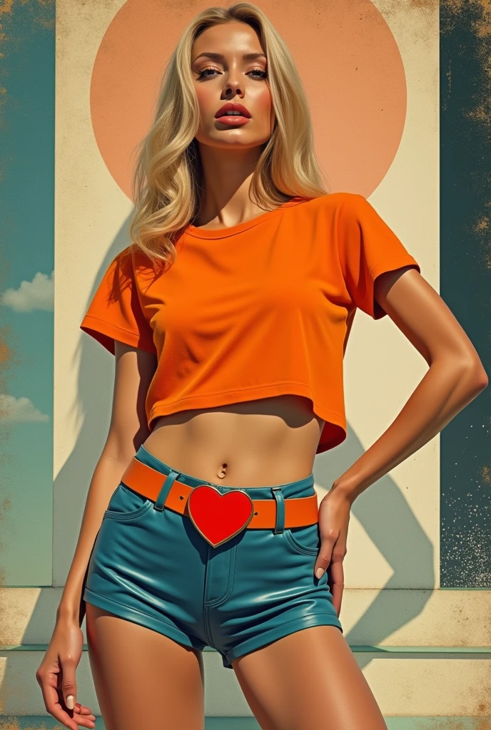 ((masterpiece, Highest quality)), (((whole body :1.5))), 32K Wallpapers, Very detailed, Poster, Vintage science fiction, 1960s,(((geometric cinematic movie Poster))), (Bauhaus), shape,Abstract, Midcentury Modern, movie Poster, Vintage, Perfect Lady,1970s,Halftone,Speech bubble,(((portfolio,close))), Tall and straight blonde mature girl, Sexy, Medium Neck, He is wearing a plain, tight orange short-sleeved U-neck T-shirt, She completely exposed her midsection, She is wearing blue leather shorts., she wears a large orange belt with a red heart-shaped buckle, She exposed her navel, beautiful abdomen, Beautiful thighs, Long and slender thighs, A pose that makes it appear as if you are facing forward with your hands on your hips, whole body