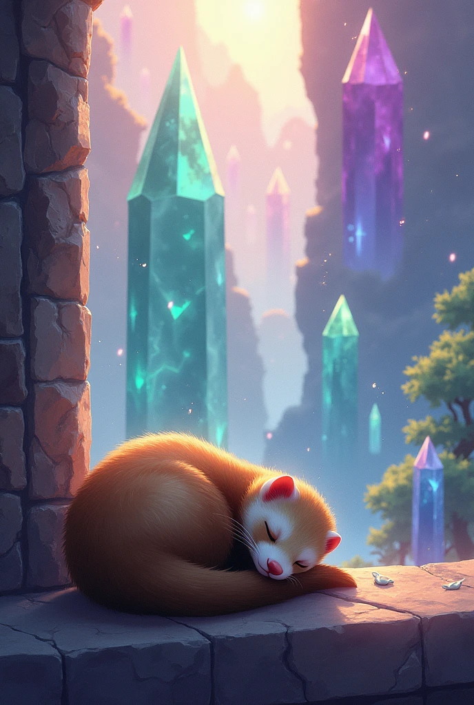 Ferret sleeping on a balcony in a paradise of beautiful crystals